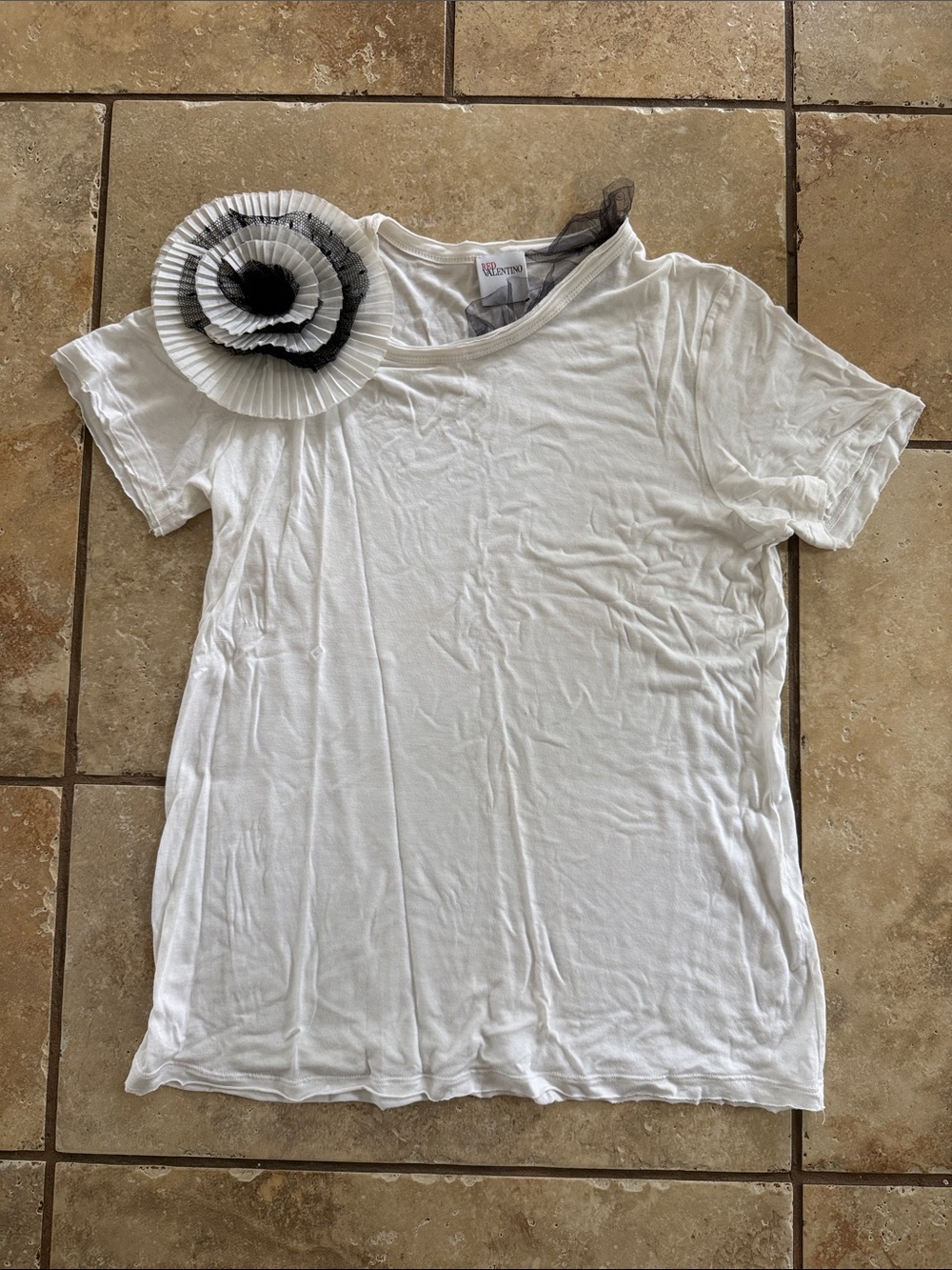 Valentino White Short Sleeve Tee with Black-Trimmed Floral Accent